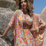 Conjunto 3 Peças Kimono Floral Boho Flor de Maré