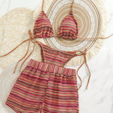 Conjunto Biquíni Boho Capa Crochê 3 Peças Listrado