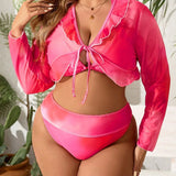 Conjunto de Biquíni Plus Size Manga Comprida Plissado