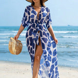 Saída de Praia Kimono Estampa Animal Print Costa Selvagem com Cordão
