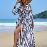 Saída de Praia Kimono Estampa Geométrica Linhas da Maré com Cinto