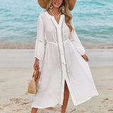 Saída de Praia Vestido Branco Manga Longa Enseada com Laço