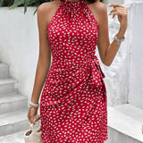 Vestido Curto Estampado Halter Costa Serena com Nó e Bainha Assimétrica