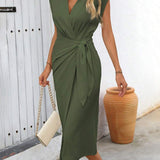 Vestido Longo Maré de Verão com Cintura Torcida e Bainha Franzida