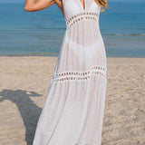 Vestido Saída de Praia Longo Halter Trama Solar em Crochê Vazado