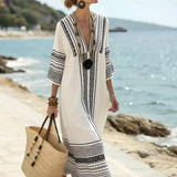 Vestido Saída de Praia Longo Kaftan Linhas da Maré com Estampa Geométrica