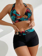 Conjunto de Biquíni Estampa Tropical Halter Shorts