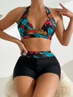 Conjunto de Biquíni Estampa Tropical Halter Shorts