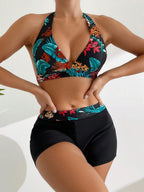 Conjunto de Biquíni Estampa Tropical Halter Shorts