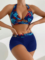 Conjunto de Biquíni Estampa Tropical Halter Shorts