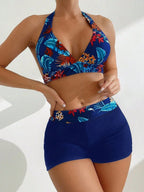Conjunto de Biquíni Estampa Tropical Halter Shorts
