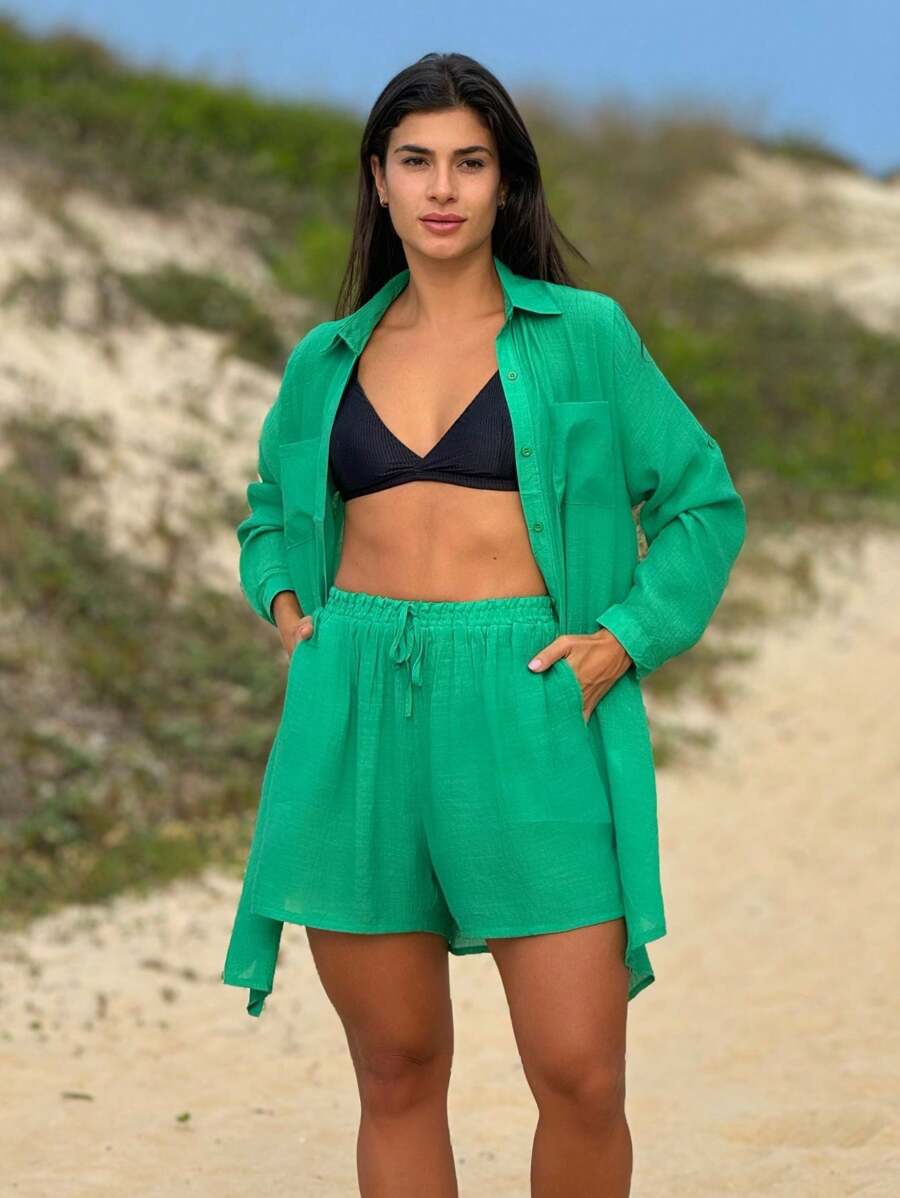 Conjunto Camisão e Short Praia Cor Sólida Anti-UV