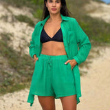 Conjunto Camisão e Short Praia Cor Sólida Anti-UV