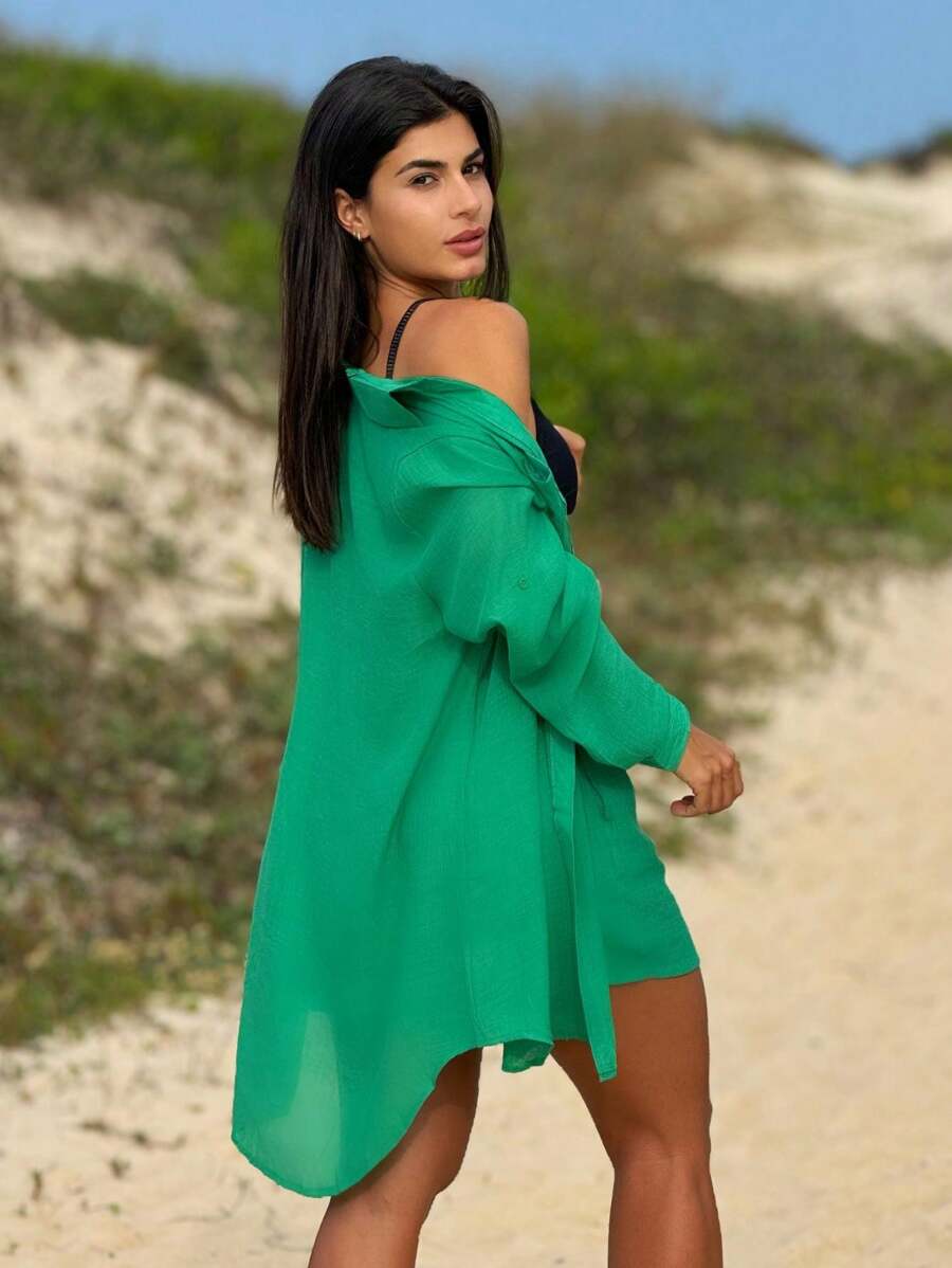 Conjunto Camisão e Short Praia Cor Sólida Anti-UV