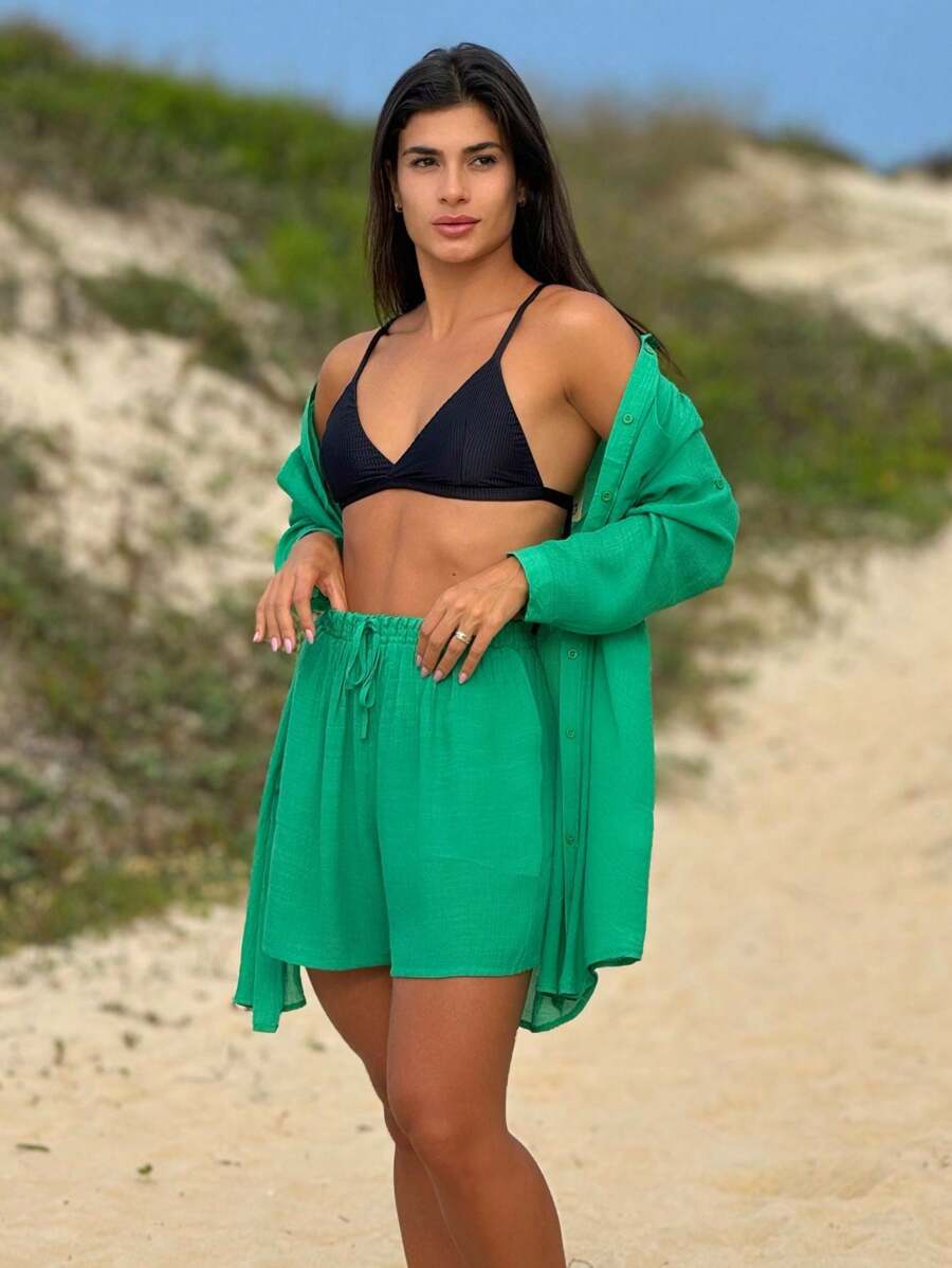 Conjunto Camisão e Short Praia Cor Sólida Anti-UV