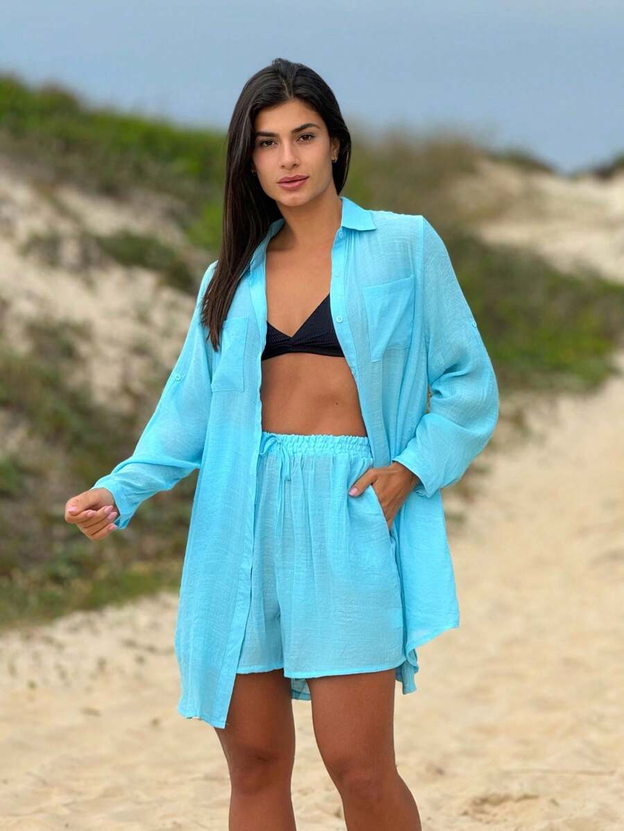 Conjunto Camisão e Short Praia Cor Sólida Anti-UV