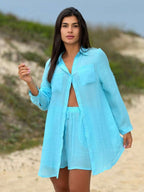 Conjunto Camisão e Short Praia Cor Sólida Anti-UV