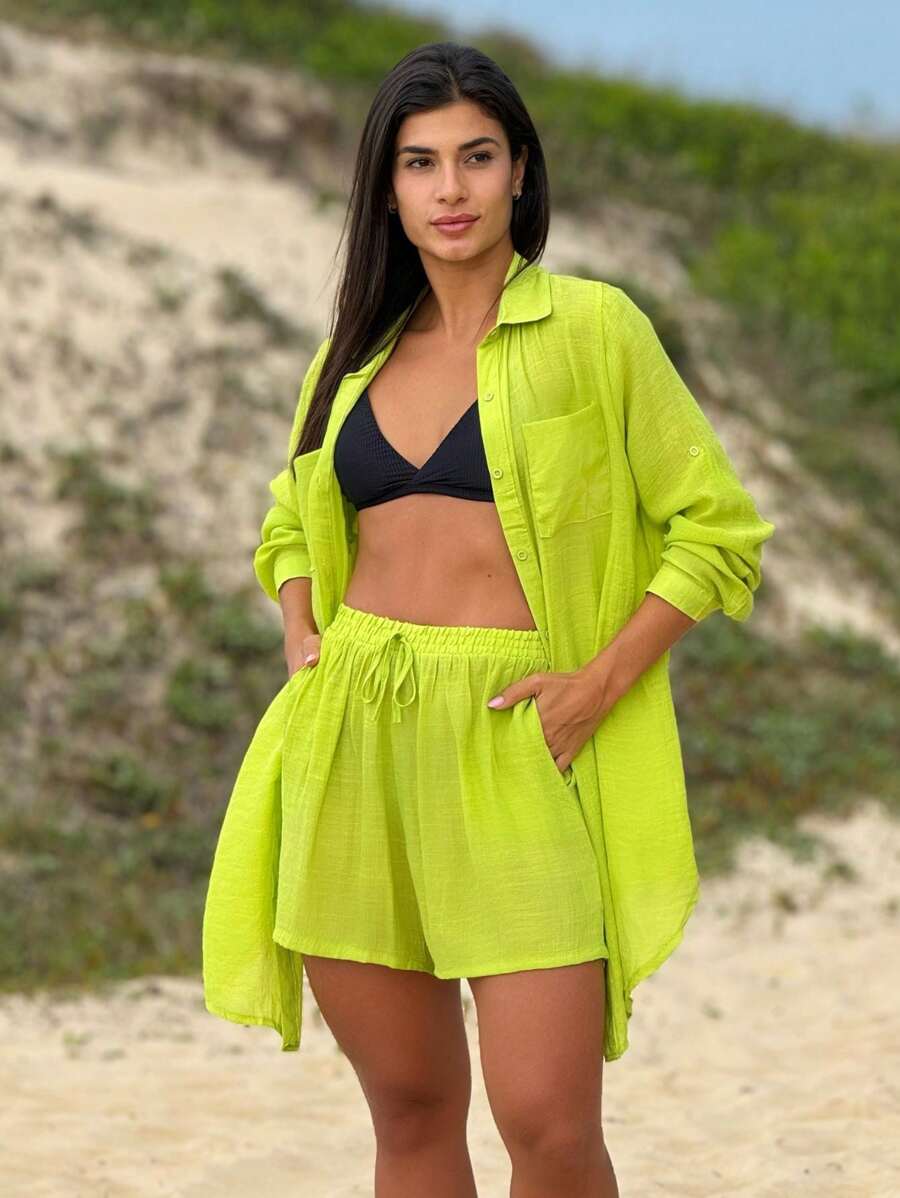 Conjunto Camisão e Short Praia Cor Sólida Anti-UV