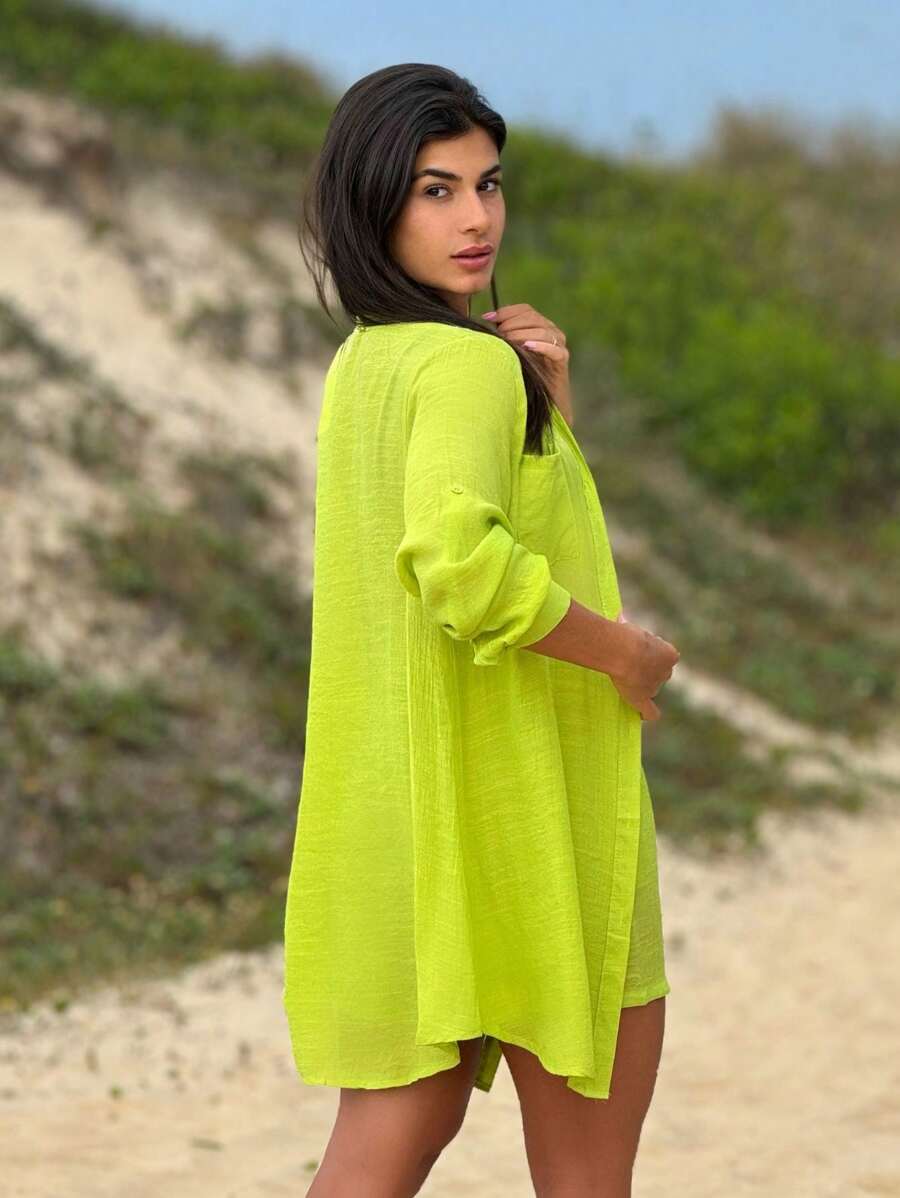 Conjunto Camisão e Short Praia Cor Sólida Anti-UV
