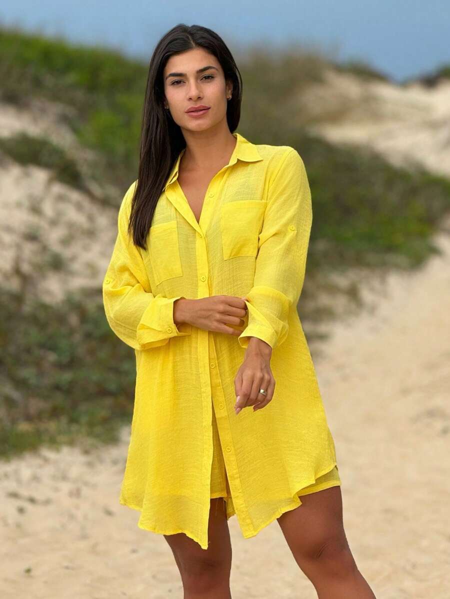 Conjunto Camisão e Short Praia Cor Sólida Anti-UV