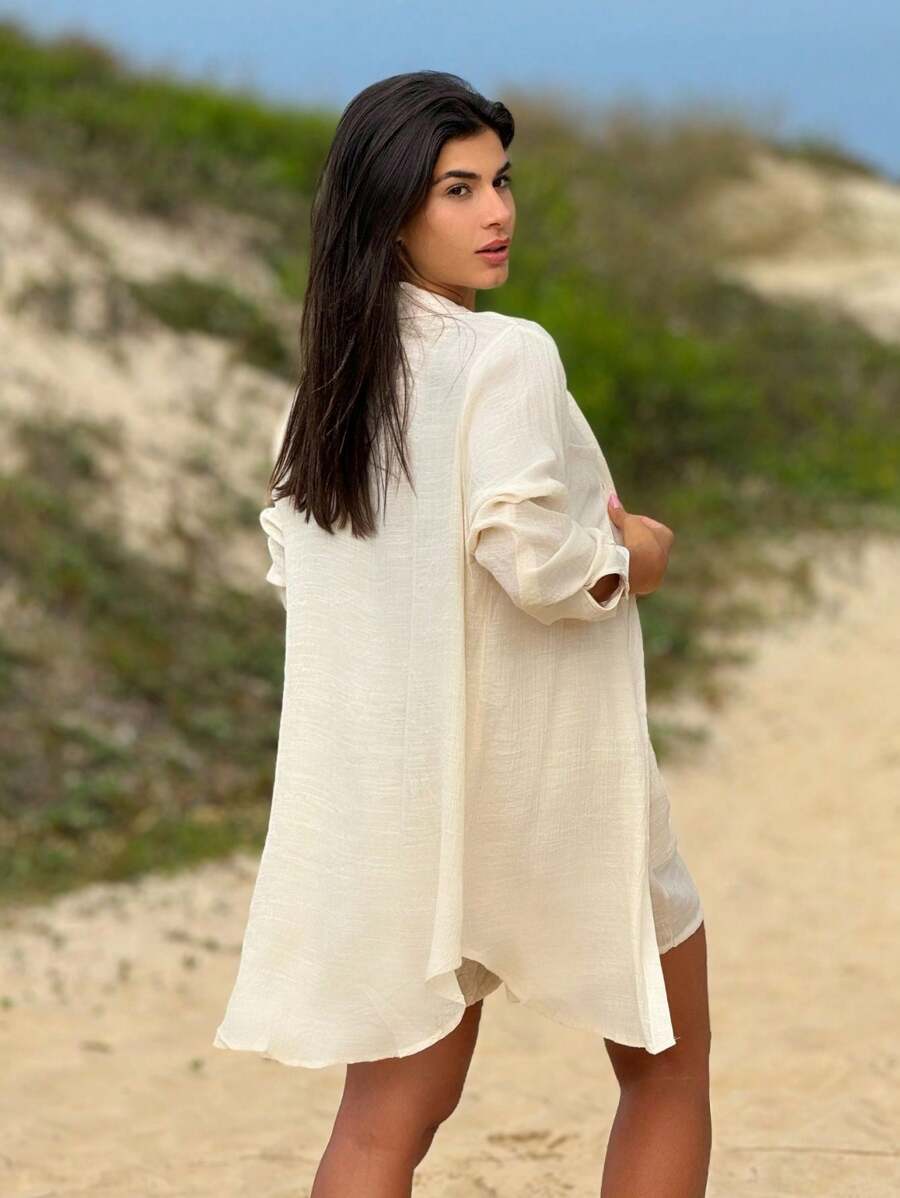 Conjunto Camisão e Short Praia Cor Sólida Anti-UV