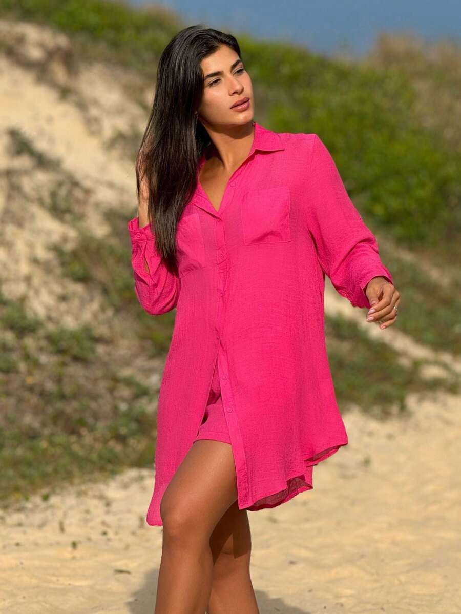 Conjunto Camisão e Short Praia Cor Sólida Anti-UV