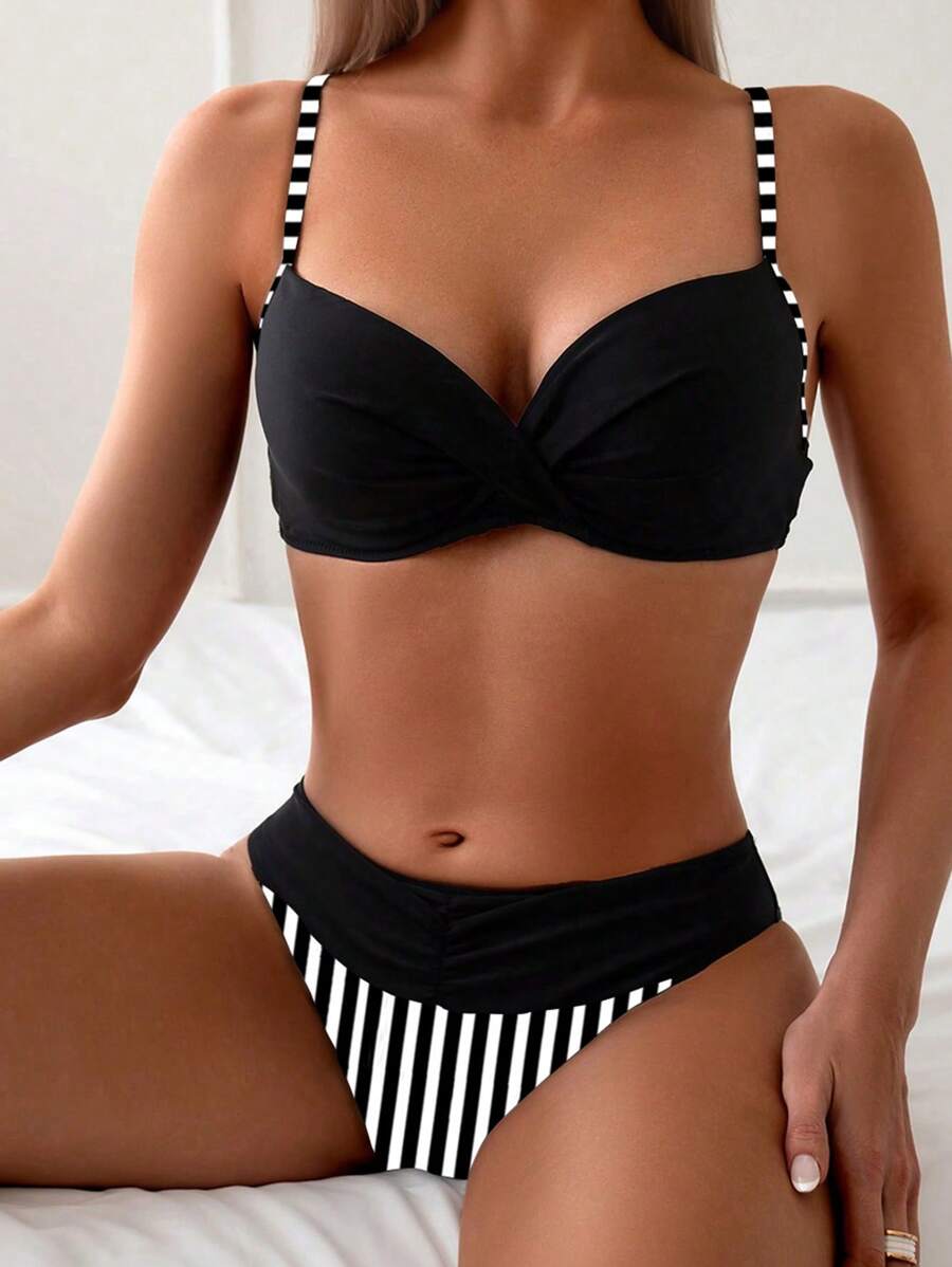 Biquíni Cintura Alta Listrado Navy Chic