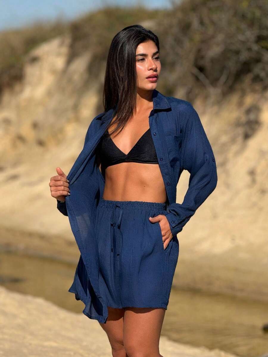 Conjunto Camisão e Short Praia Cor Sólida Anti-UV