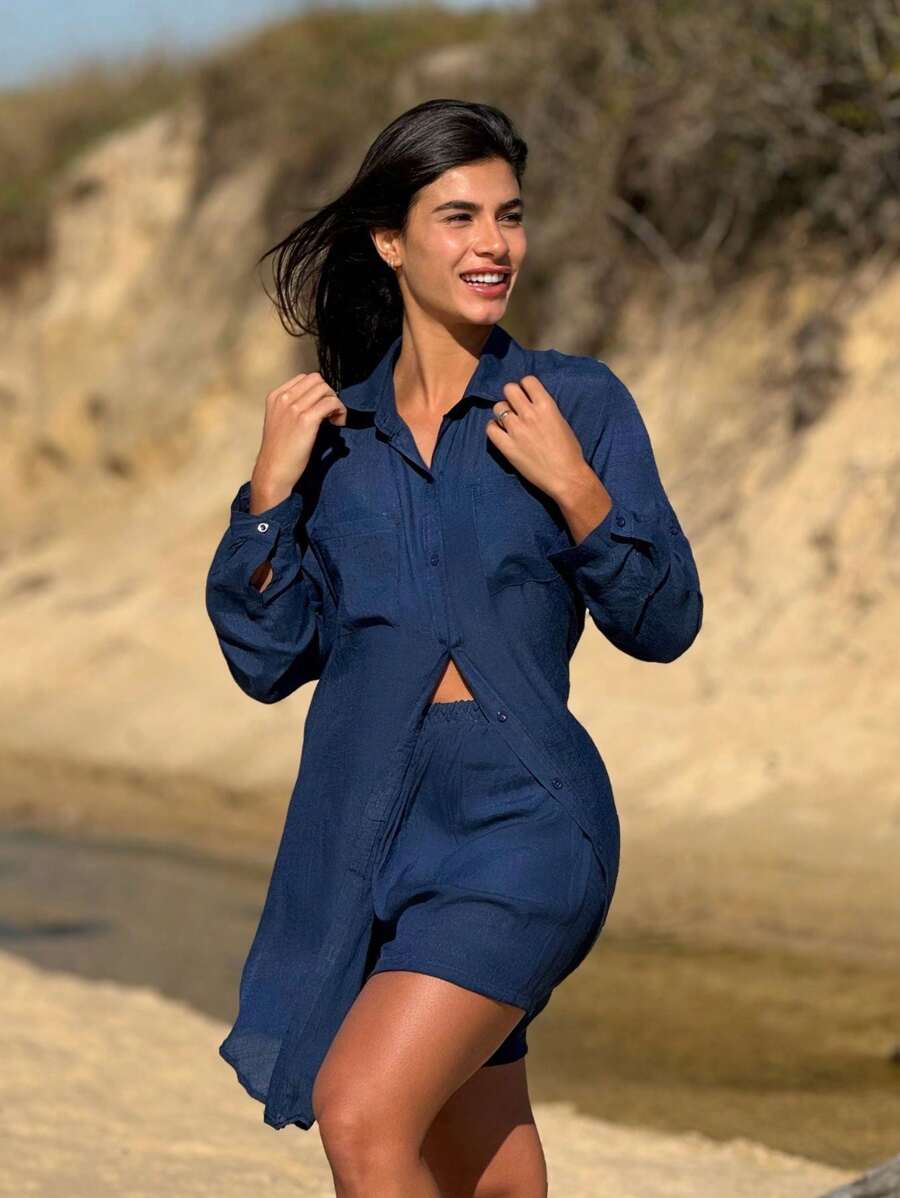 Conjunto Camisão e Short Praia Cor Sólida Anti-UV