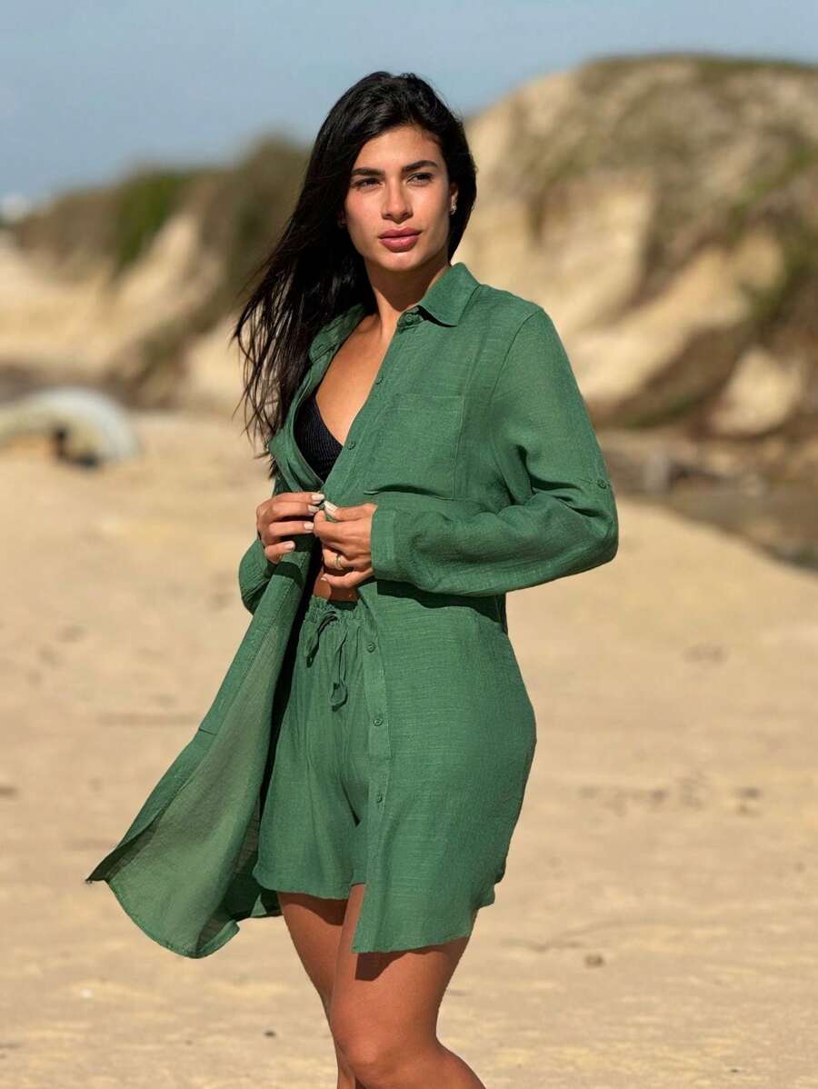 Conjunto Camisão e Short Praia Cor Sólida Anti-UV