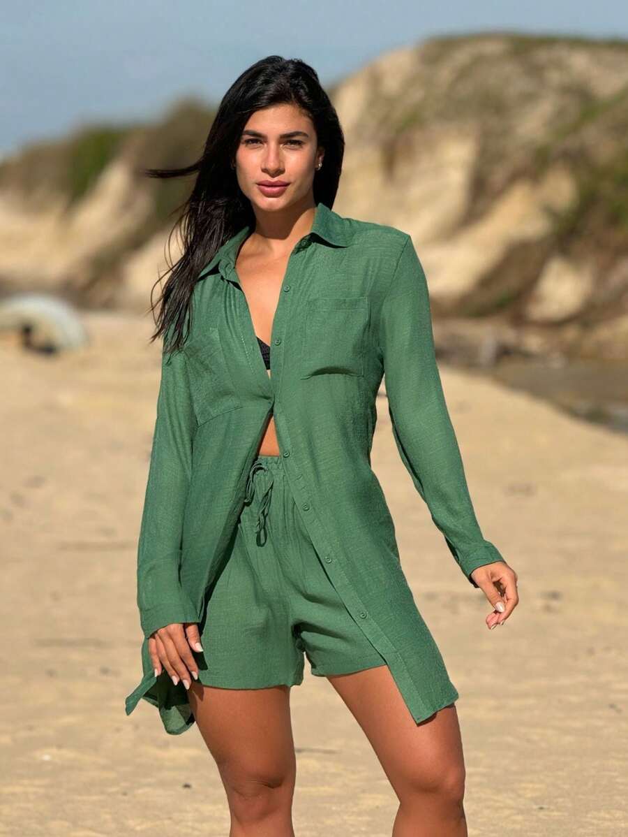 Conjunto Camisão e Short Praia Cor Sólida Anti-UV