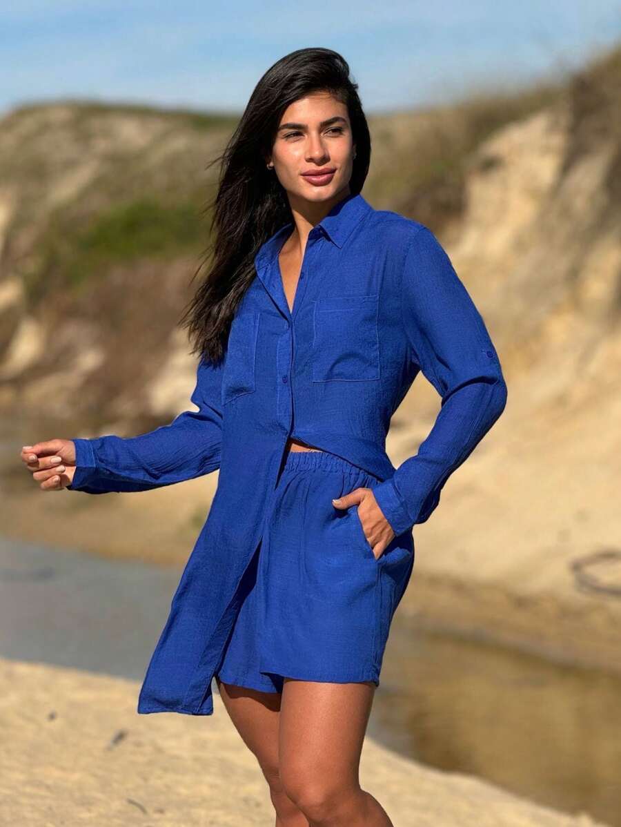Conjunto Camisão e Short Praia Cor Sólida Anti-UV