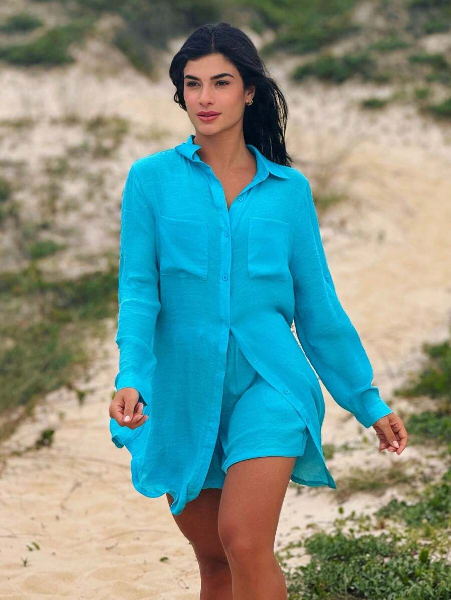 Conjunto Camisão e Short Praia Cor Sólida Anti-UV