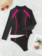 Tankini Esportivo Bloco de Cores Manga Longa Gola Alta