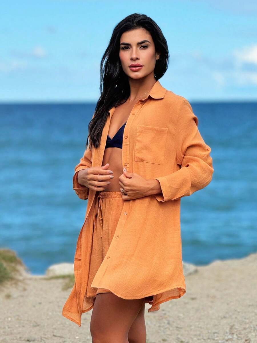 Conjunto Camisão e Short Praia Cor Sólida Anti-UV