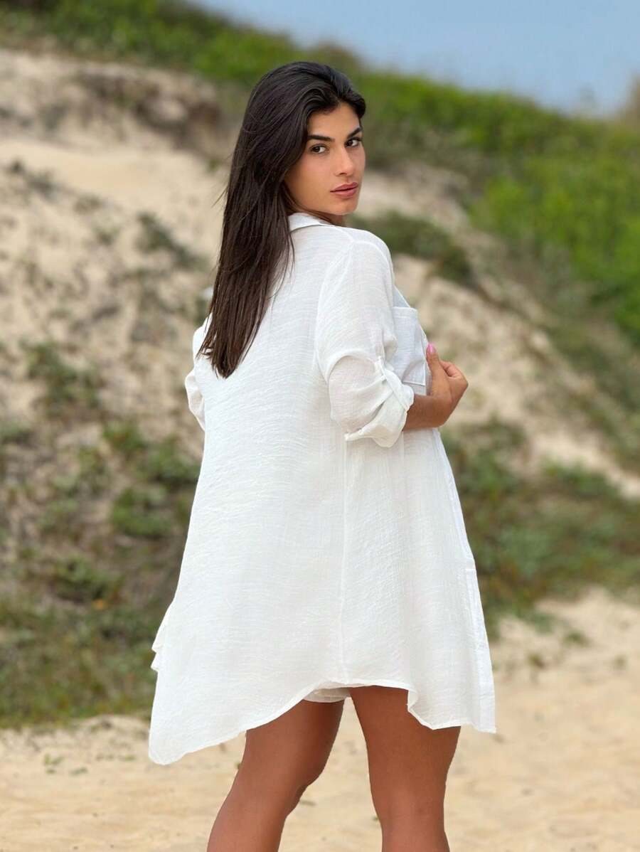 Conjunto Camisão e Short Praia Cor Sólida Anti-UV