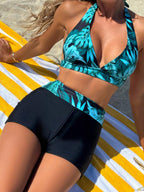 Conjunto de Biquíni Estampa Tropical Halter Shorts