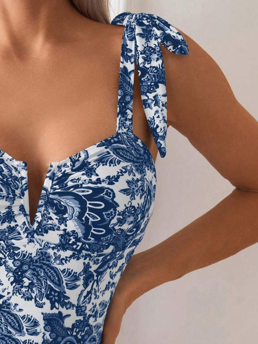 Maiô Estampado Alças de Amarrar Bojo em V