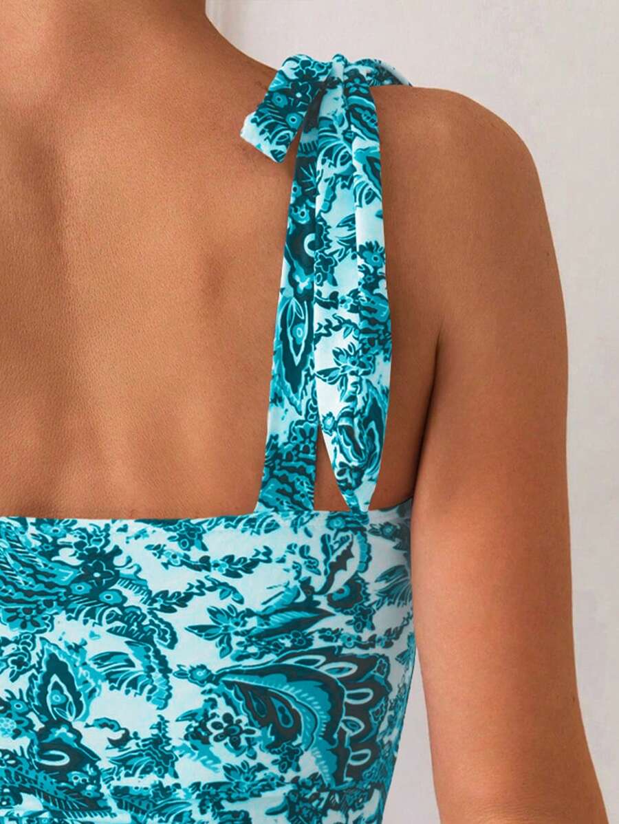 Maiô Estampado Alças de Amarrar Bojo em V