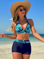 Conjunto de Biquíni Estampa Tropical Halter Shorts