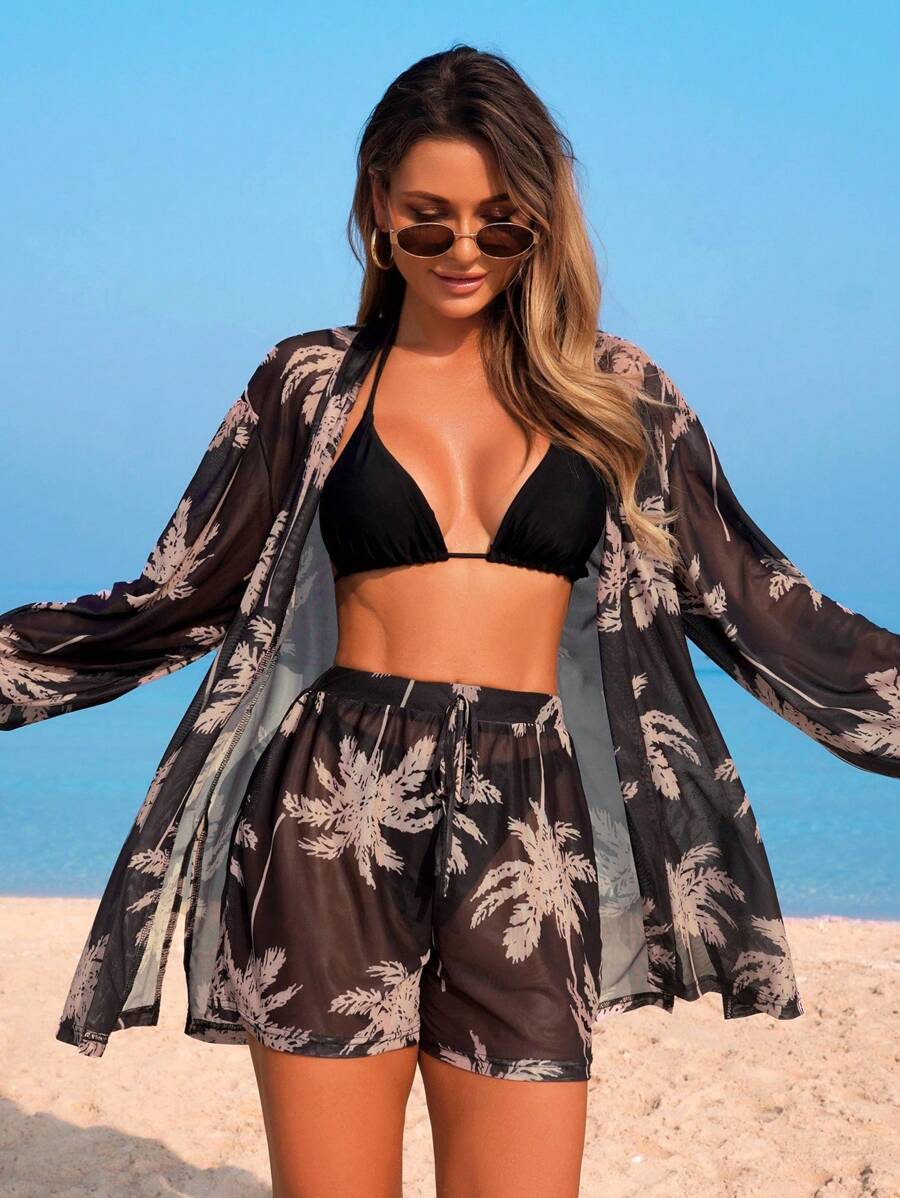 Conjunto Kimono Tela Estampa Coqueiro com Shorts