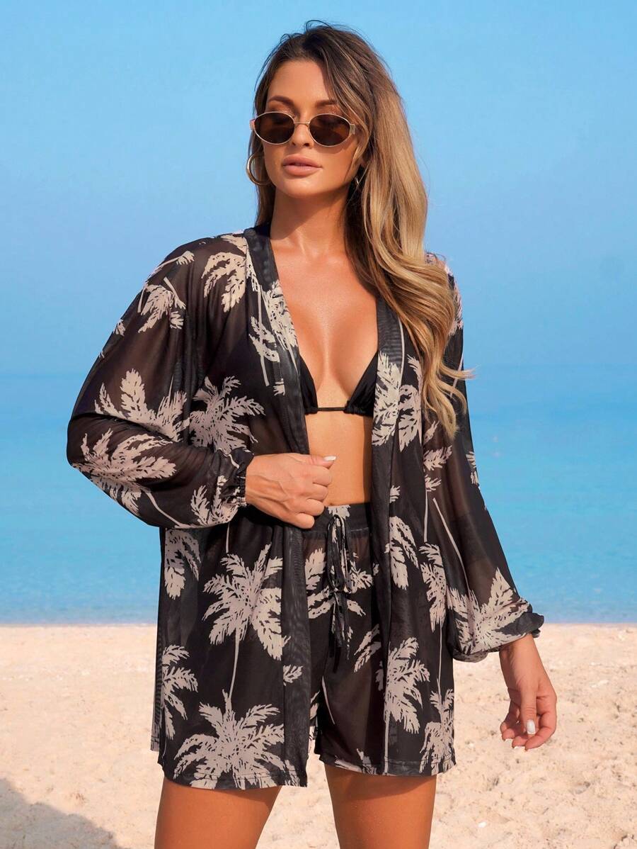 Conjunto Kimono Tela Estampa Coqueiro com Shorts