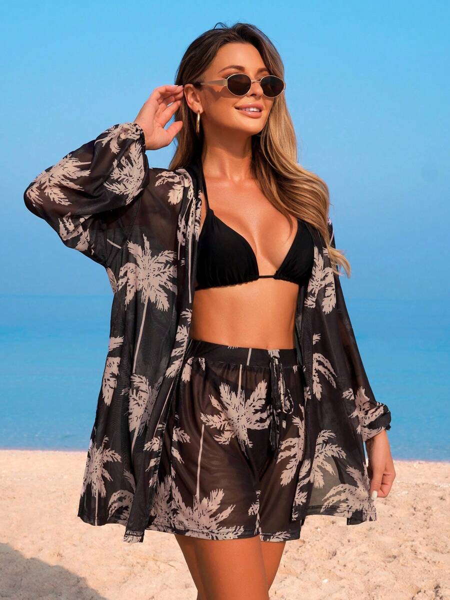 Conjunto Kimono Tela Estampa Coqueiro com Shorts