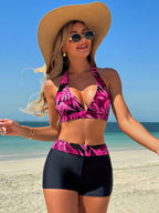 Conjunto de Biquíni Estampa Tropical Halter Shorts