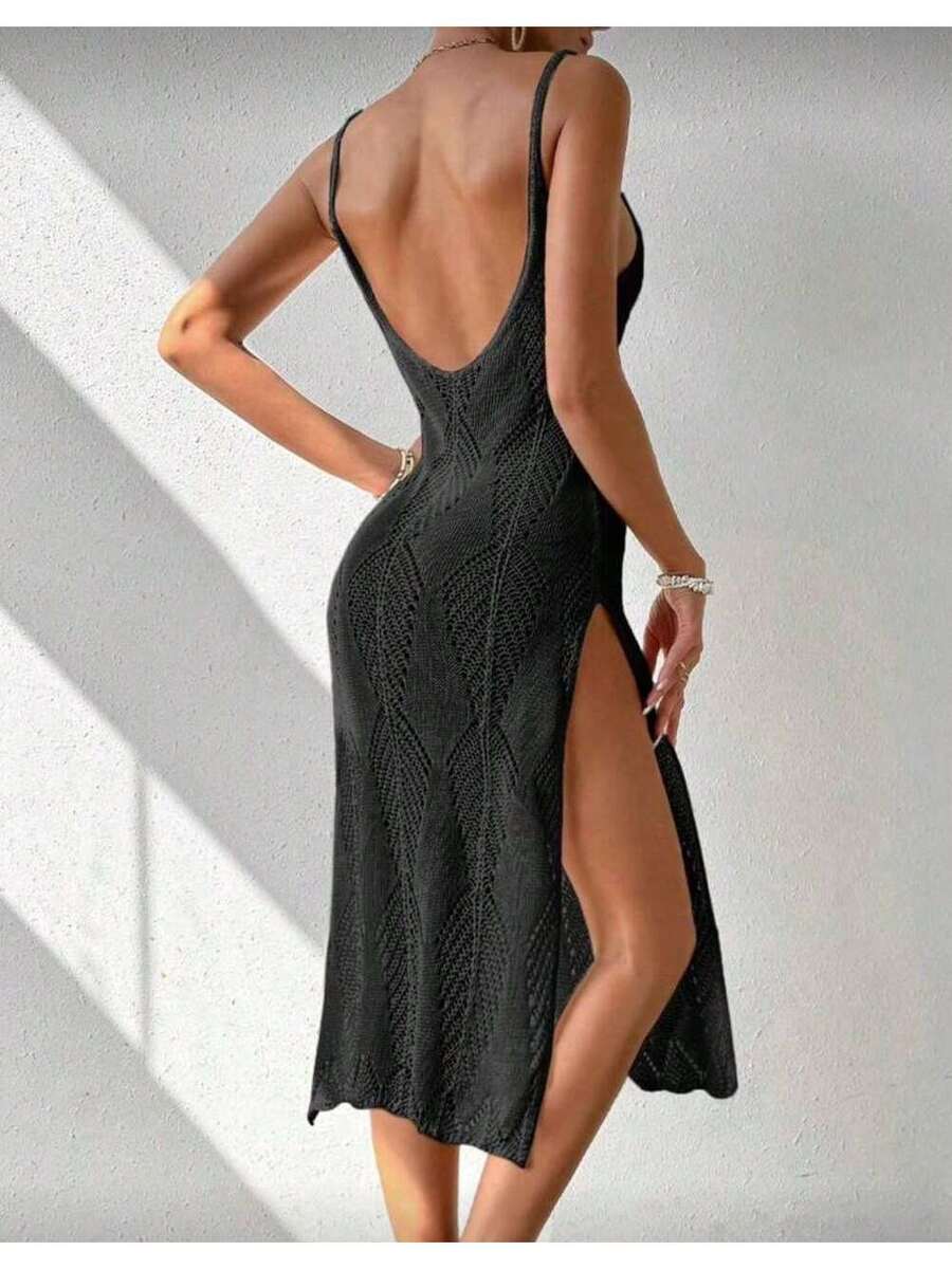 Vestido Tricô Praia Acinturado Fendas Laterais