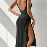 Vestido Tricô Praia Acinturado Fendas Laterais