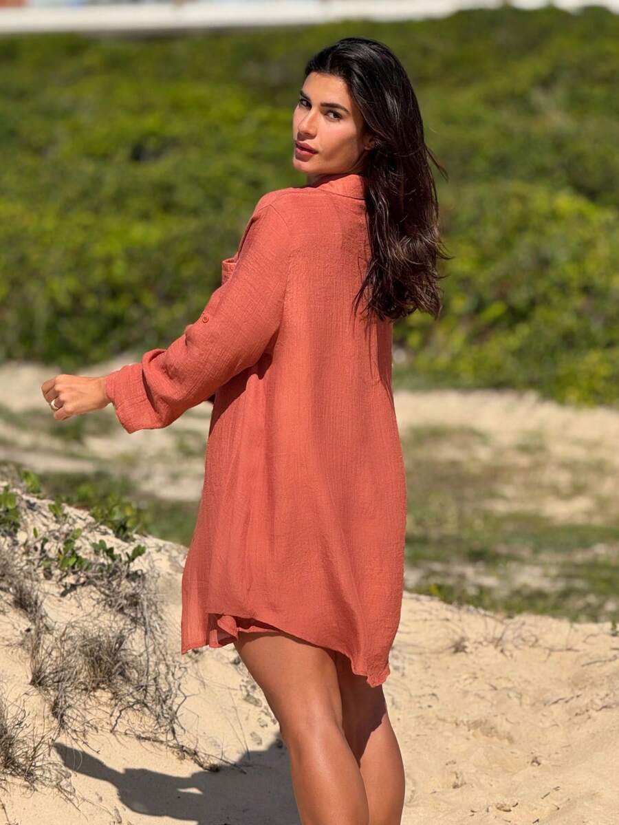 Conjunto Camisão e Short Praia Cor Sólida Anti-UV