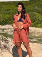 Conjunto Camisão e Short Praia Cor Sólida Anti-UV