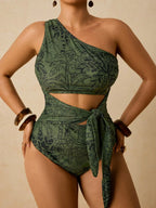 Maiô Tropical Plus Size Assimétrico com Nó Lateral