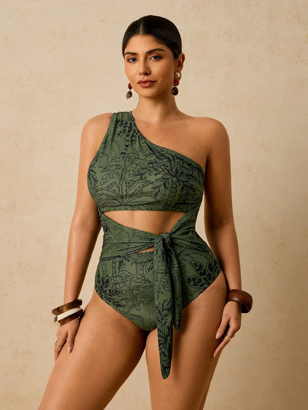 Maiô Tropical Plus Size Assimétrico com Nó Lateral